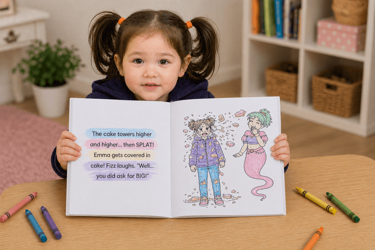Child holding a Magic Moon personalised colouring book