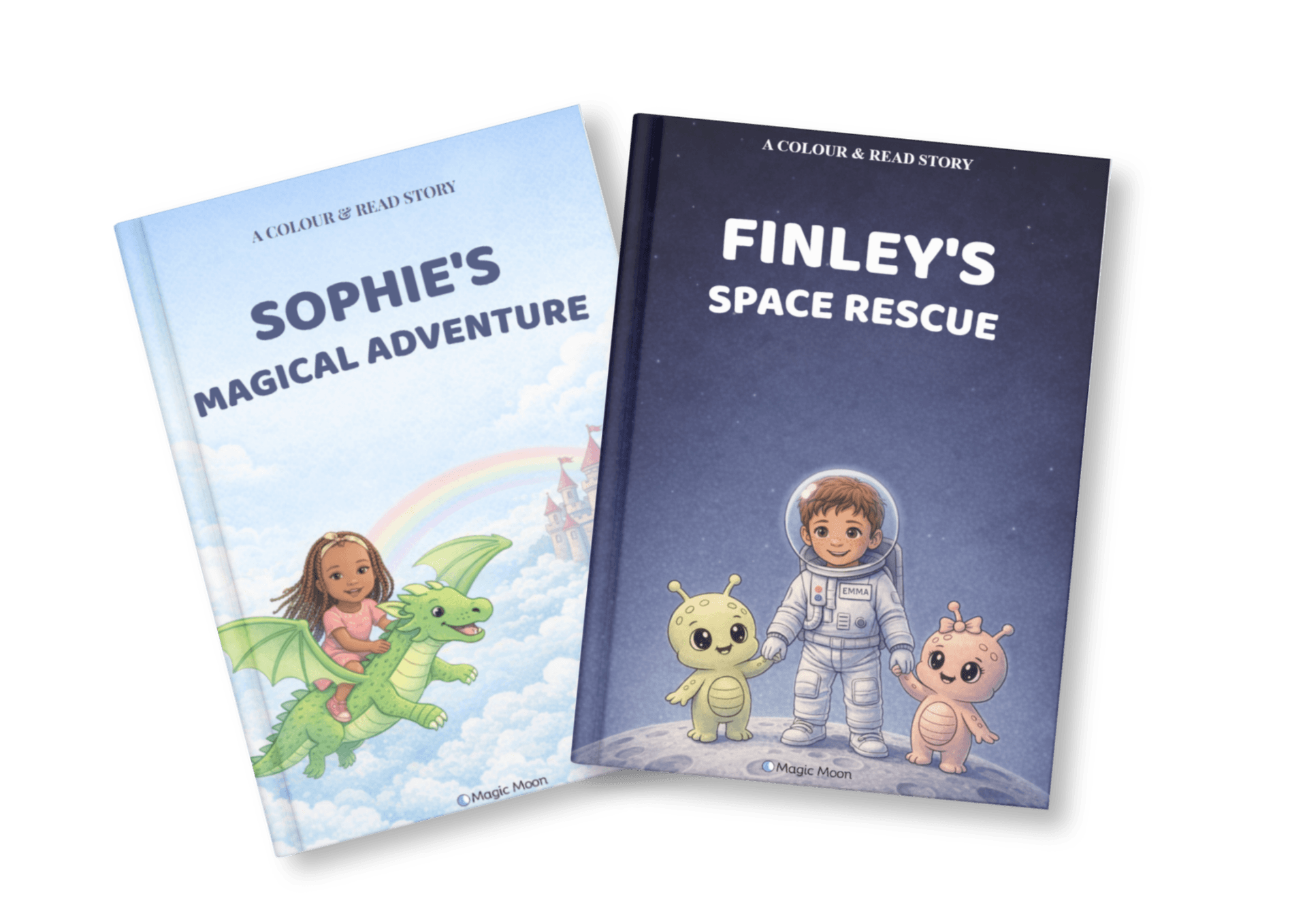 Two example Magic Moon personalised colouring book covers