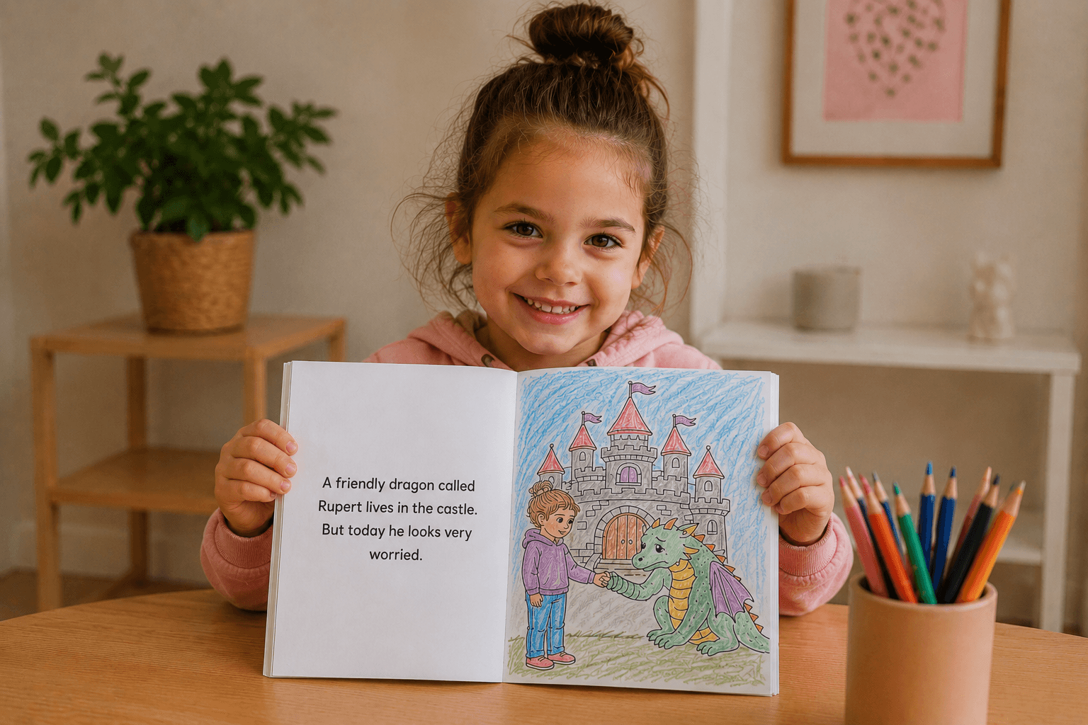 A child holding a personalised colouring book
