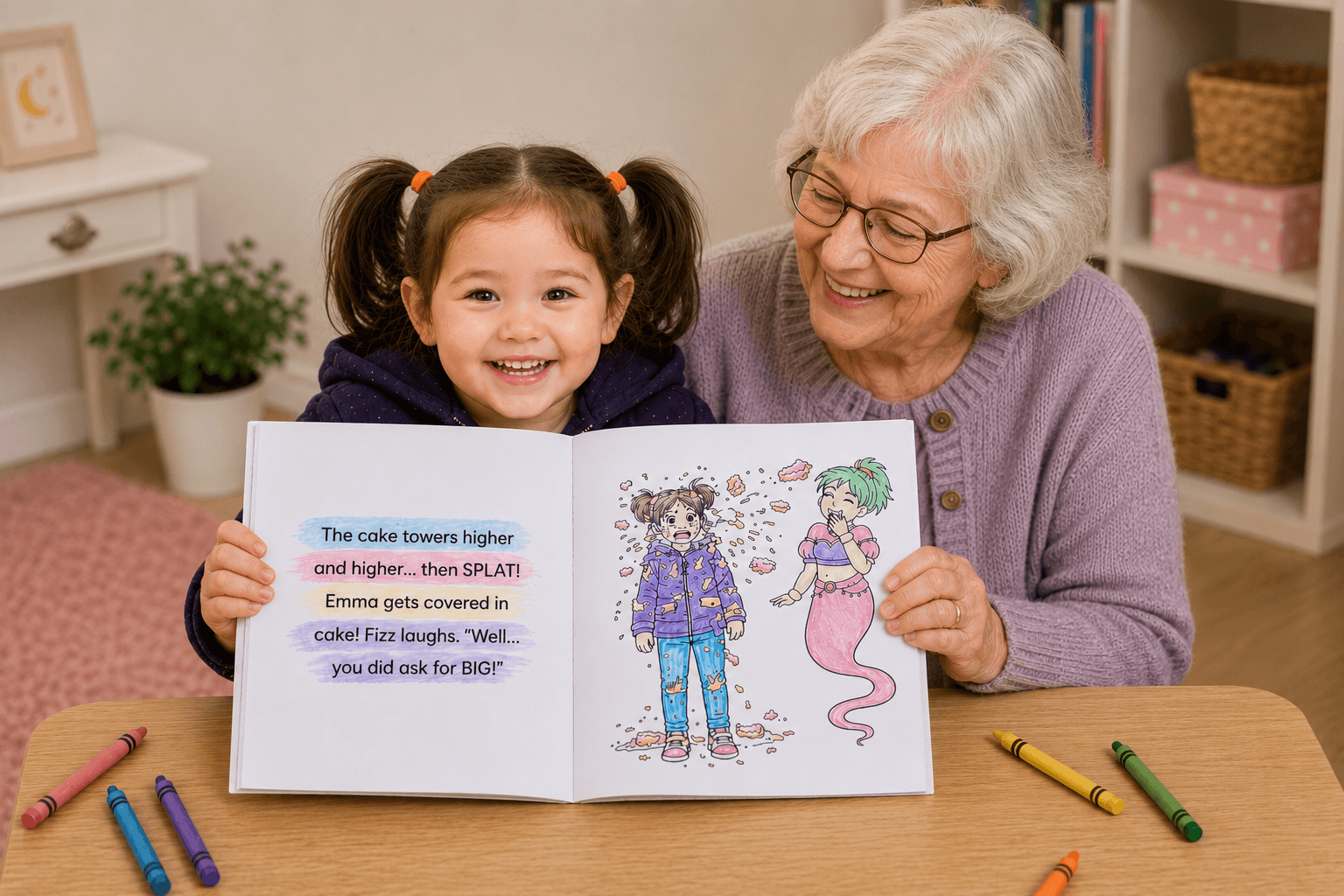 Open personalised colouring book showing illustrated pages — a unique personalised gift for children