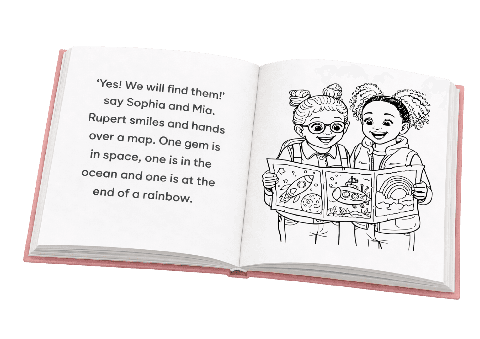 Open personalised colouring book showing interior pages