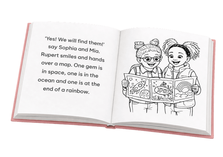 Open personalised birthday colouring book — a unique birthday gift for children showing illustrated adventure pages