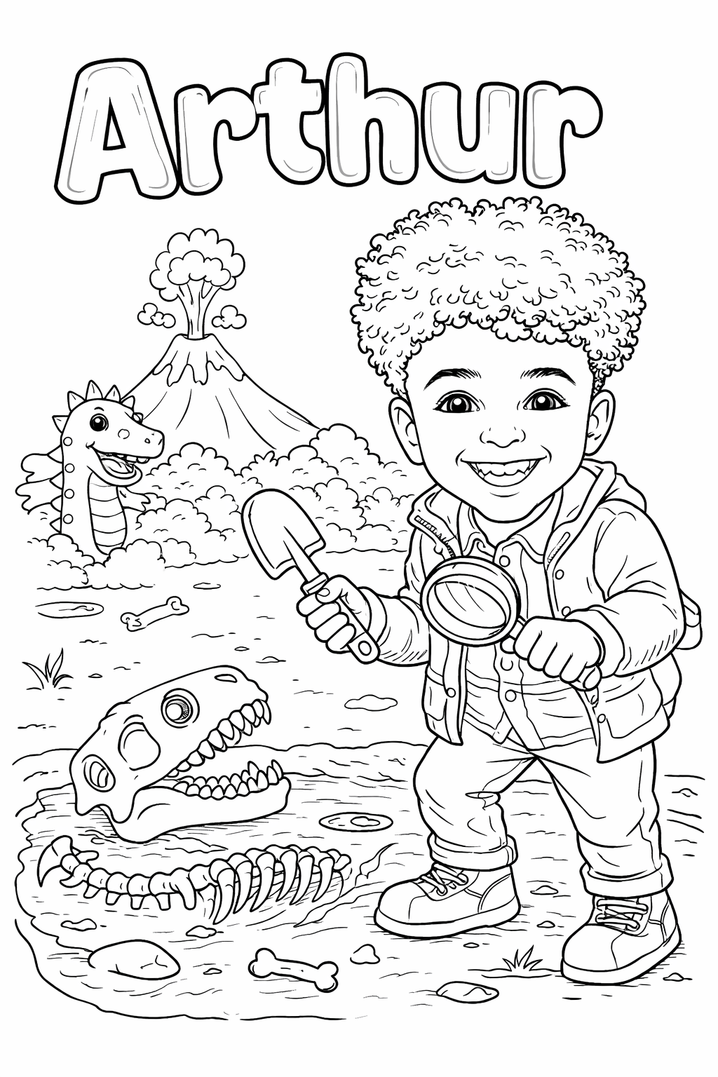 Arthur — free personalised dinosaur coloring page showing a child with a friendly dinosaur in a prehistoric jungle