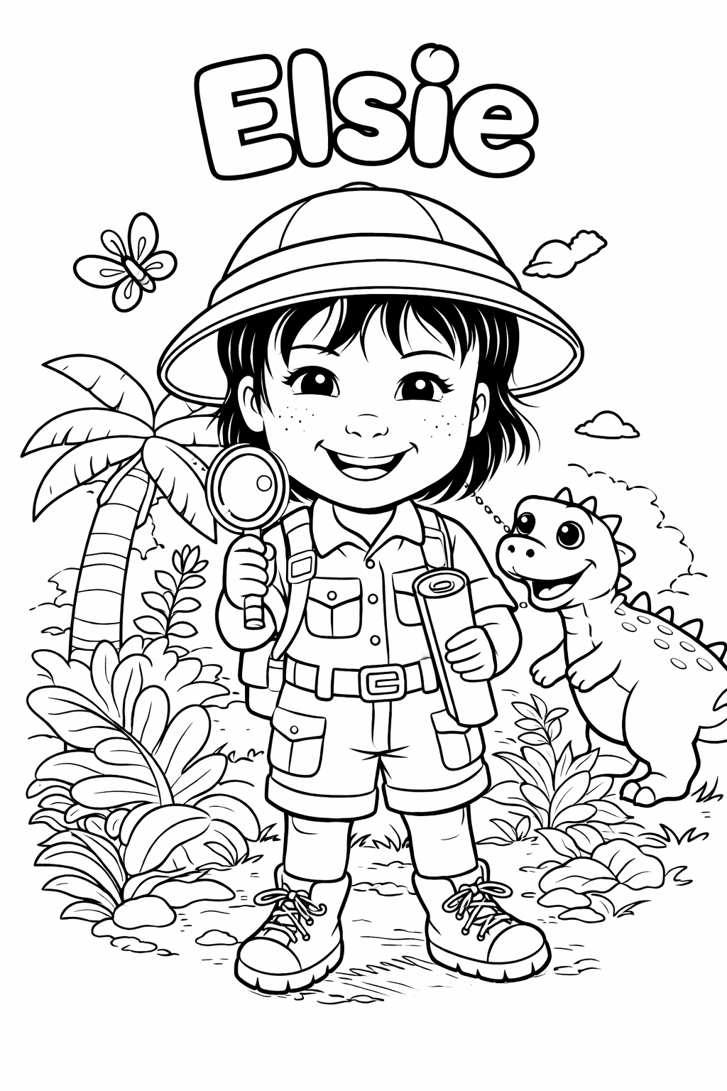 Elsie — free personalised dinosaur coloring page with a child exploring a world of dinosaurs