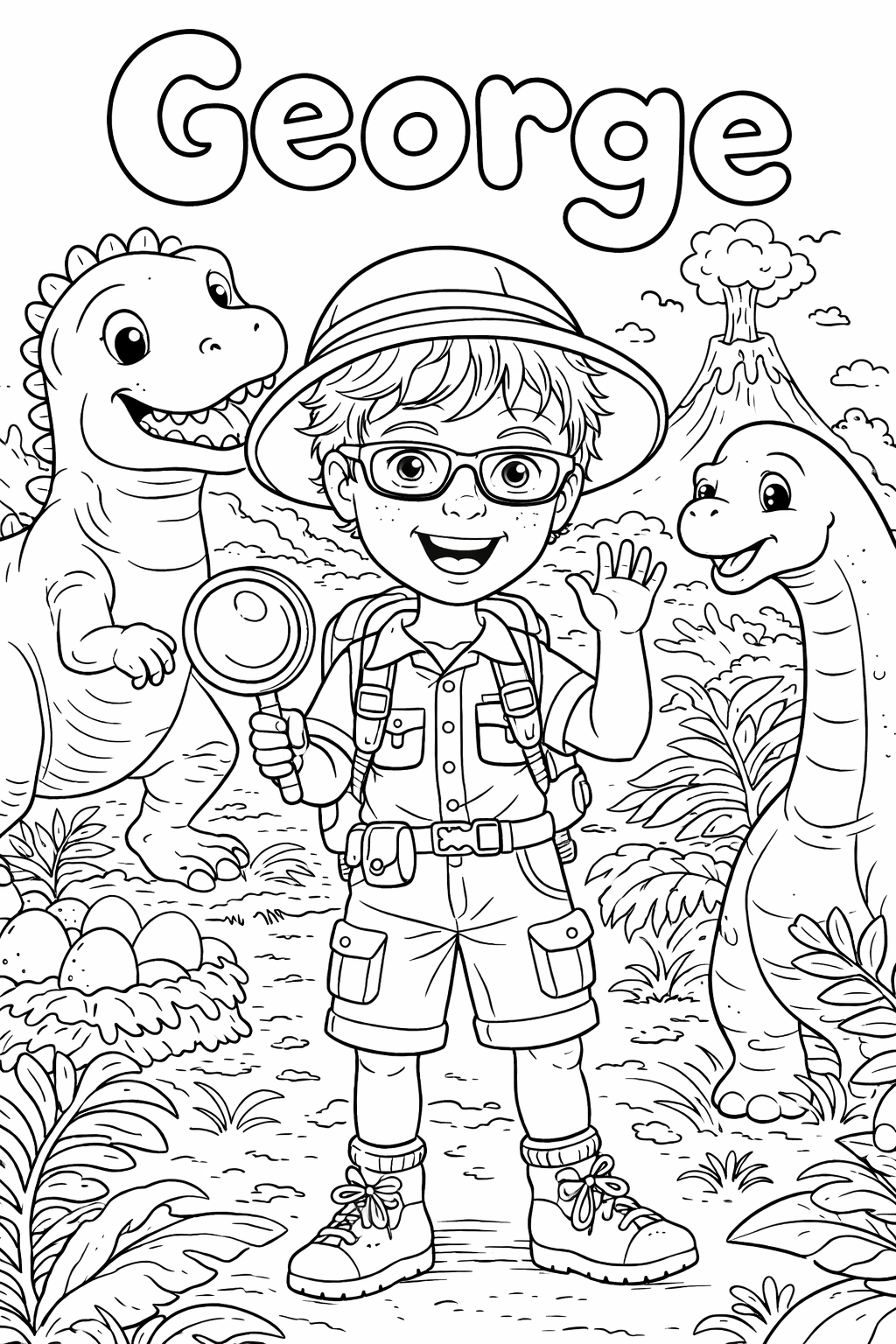 George — free personalised dinosaur coloring page featuring a child character on a dinosaur adventure
