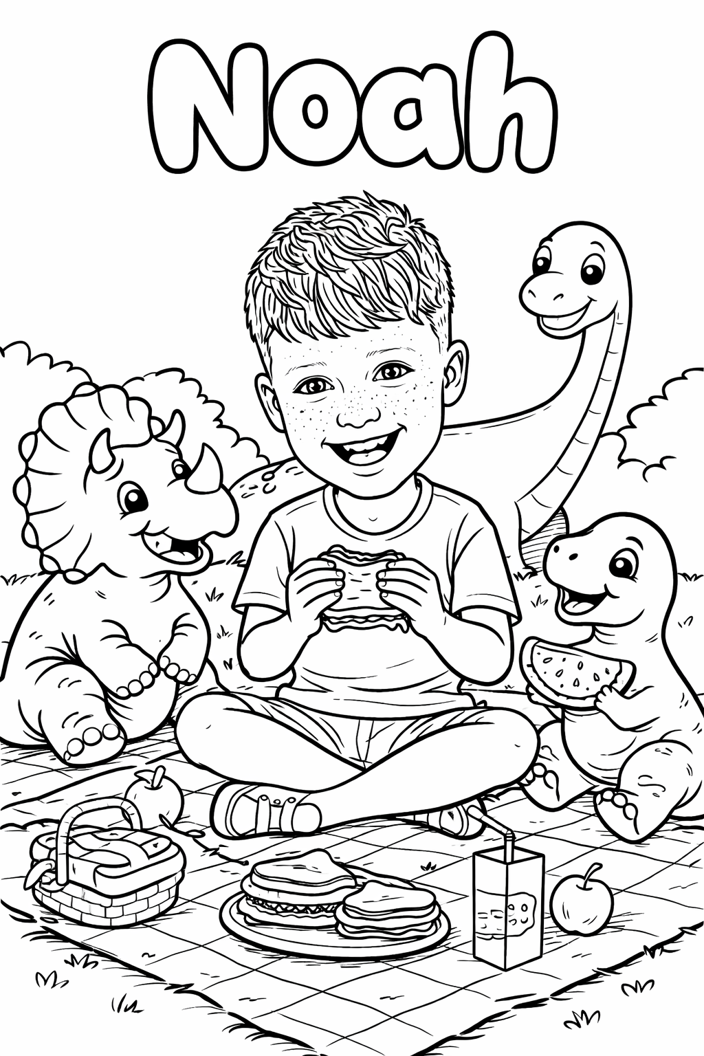 Noah — free personalised dinosaur coloring page showing a child with a Triceratops in a lush jungle scene
