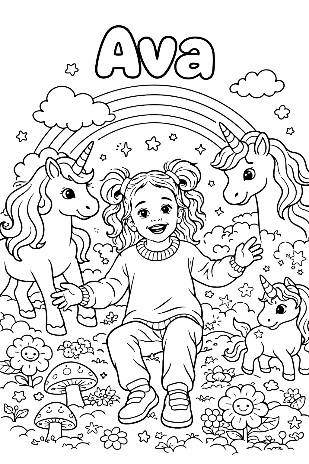 Ava — free personalised unicorn coloring page showing a child with a magical unicorn in an enchanted forest