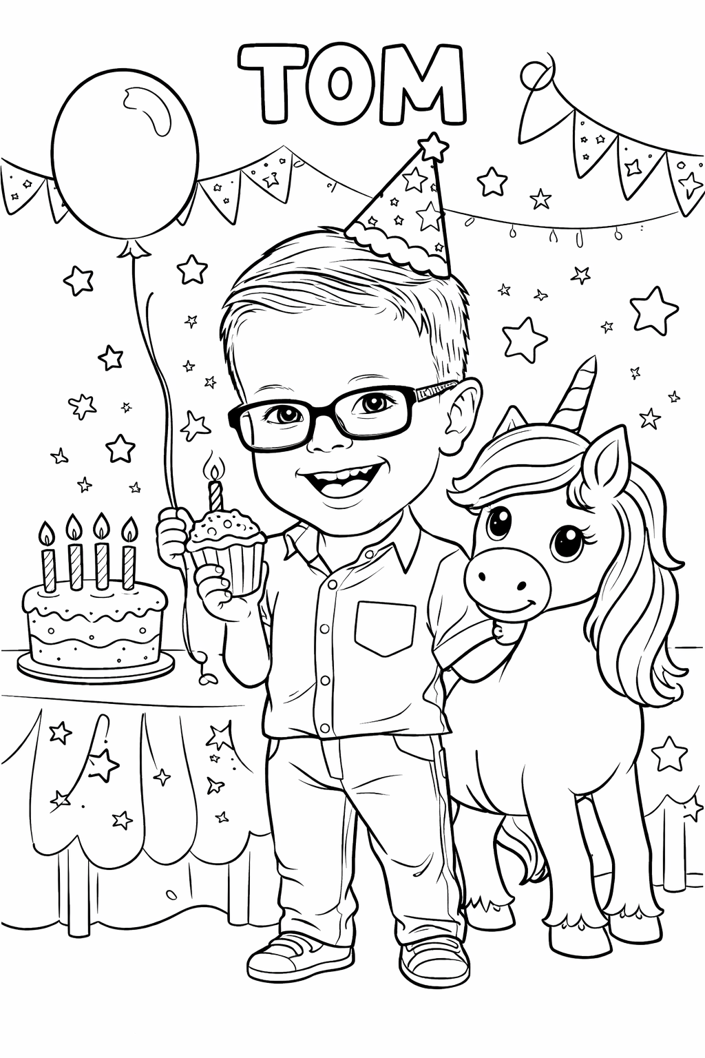 Az — free personalised unicorn coloring page featuring a child character with a rainbow unicorn