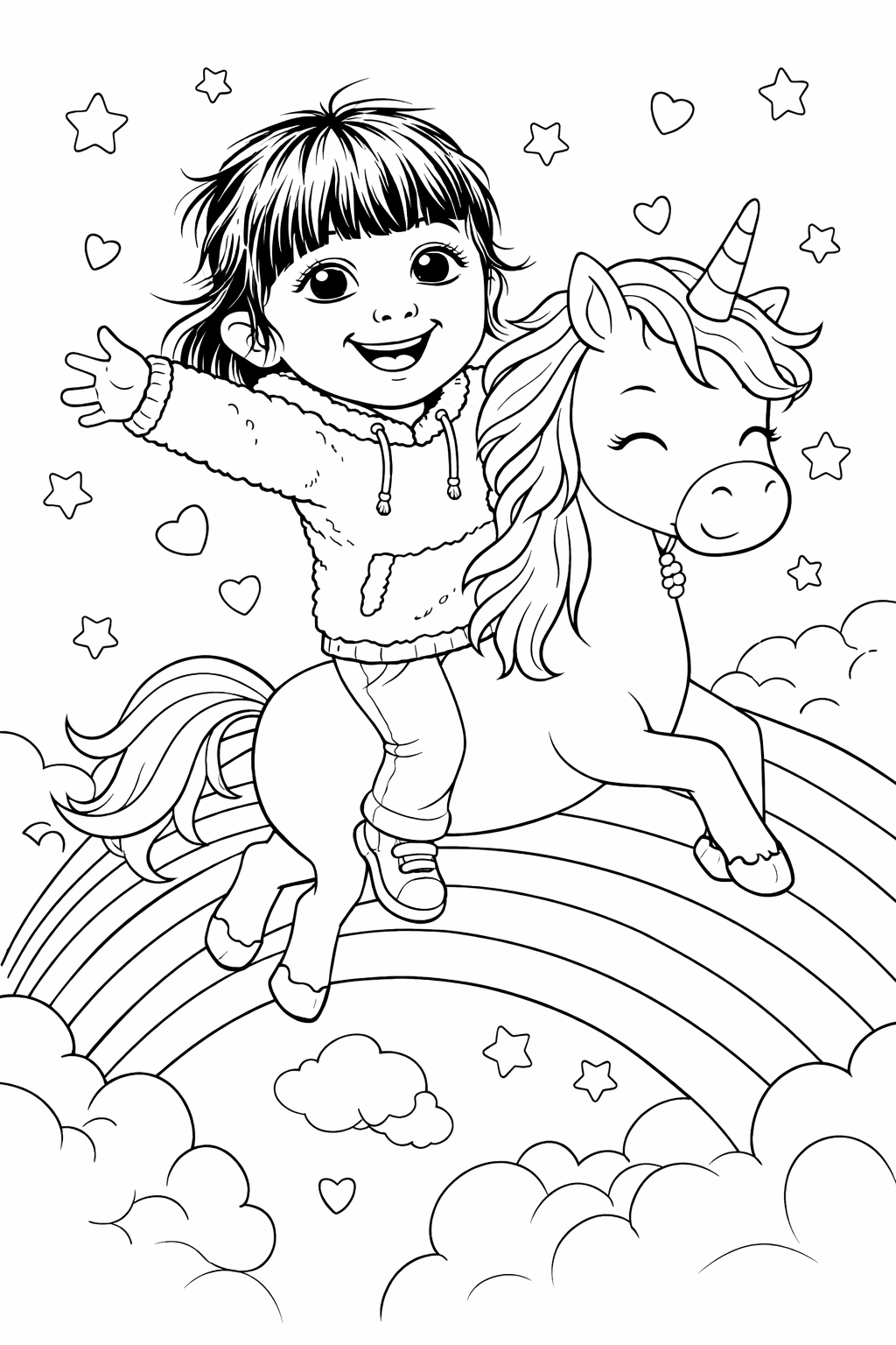 Esme — free personalised unicorn coloring page with a child and a sparkling unicorn in a magical scene