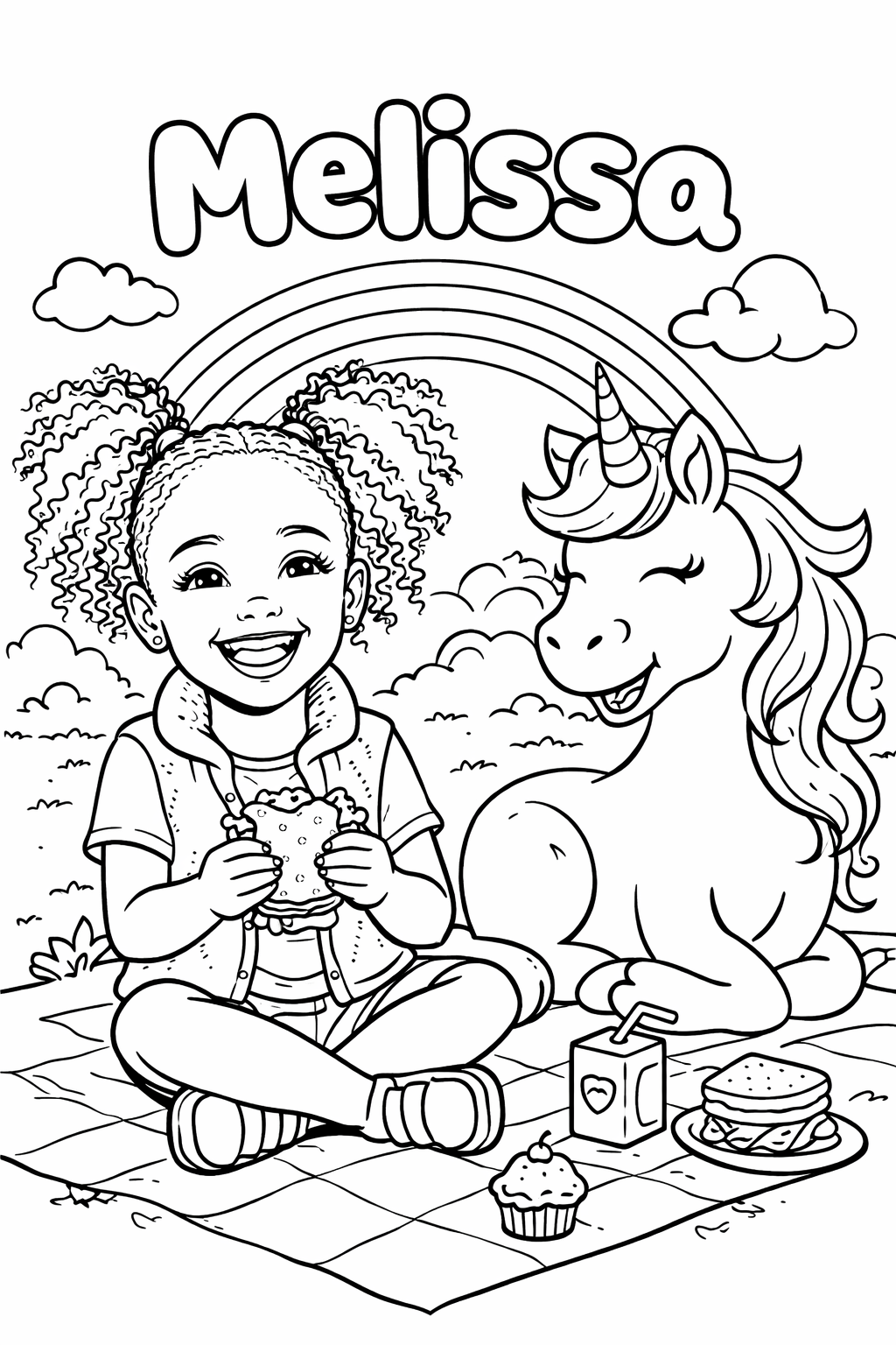 Melissa — second free personalised unicorn coloring page featuring a child in a magical unicorn adventure