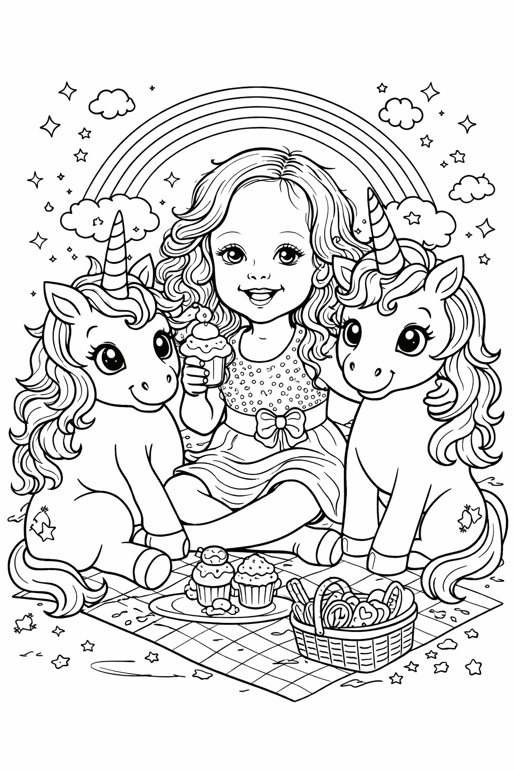 Melissa — free personalised unicorn coloring page showing a child alongside a unicorn with stars and sparkles